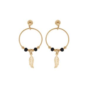 Boucles d'oreille en argent et dorure jaune anneau suspendu 15mm avec boules lisses et noires pampille plume fermoir poussette
