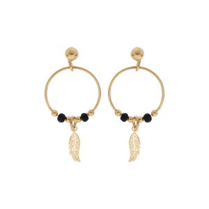 Boucles d'oreille en argent et dorure jaune anneau suspendu 15mm avec boules lisses et noires pampille plume fermoir poussette