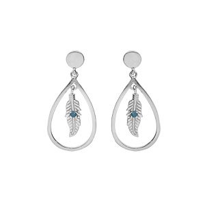 Boucles d'oreille en argent platiné goutte évidée suspendue avec plume et oxyde bleu fermoir poussette