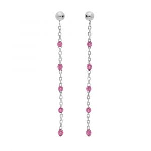 Boucles d'oreille en argent rhodi&eacute; cha&icirc;nette avec olives couleur framboise transparent et fermoir poussette