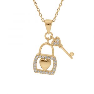 Collier en vermeil avec pendentif cadenas coeur et clef oxydes blancs sertis 39+2+2cm