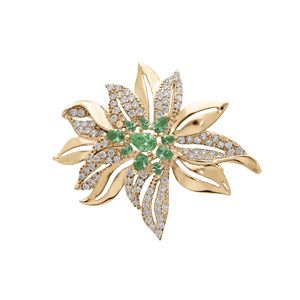 Broche en plaqué or motif fleur avec oxydes verts et blancs sertis