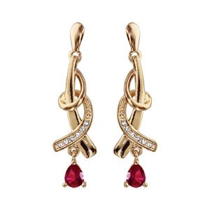 Boucles d'oreilles pendantes en plaqué or collection joaillerie 2 brins entrelacés avec oxyde rouge suspendu et fermoir poussette