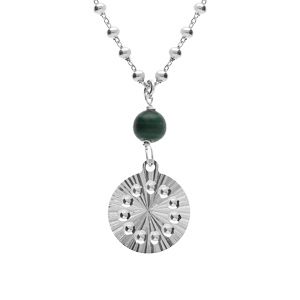 Collier argent rhodié chaîne boules pendentif cercle diamanté avec 1 boule malachite véritable réglable 40 à 45cm