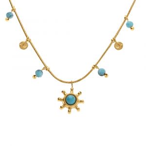 Collier en acier doré pampilles boules turquoise reconstituées avec pendentif soleil  - 39+5cm