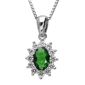 Collier en argent rhodié collection joaillerie chaîne avec pendentif ovale et gros oxyde vert au centre orné de petits oxydes blancs autour formant une marguerite