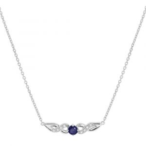 Collier en argent rhodi&eacute; cha&icirc;ne avec pendentif barrette Saphir v&eacute;ritable et Topazes blanches 42+3cm