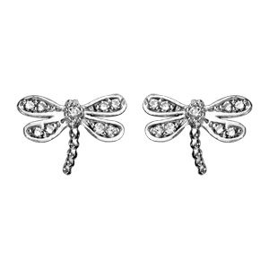 Boucles d'oreilles en argent rhodi&eacute; libellule en oxydes blancs sertis et fermoir poussette