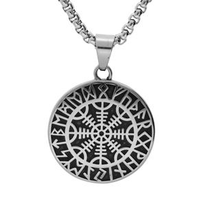 Collier en acier chaîne avec pendentif patiné rond Viking 38mm symbole rune celtique 52+5cm