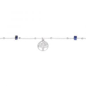 Cha&icirc;ne de cheville en argent platin&eacute; avec pampille arbre de vie et rondelles Lapis Lazuli v&eacute;ritable 22+3cm
