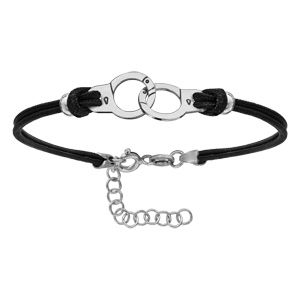 Bracelet en argent rhodié cordon fin doublé noir interchangeable avec menottes au milieu - longueur 16cm + 4cm de rallonge