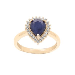 Bague en vermeil forme goutte 8X6 Saphir véritable et contour Topazes blanches sertis