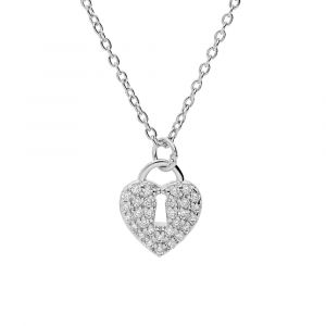Collier en argent rhodi&eacute; cha&icirc;ne avec pendentif cadenas coeur pav&eacute; oxydes blancs 42+3cm