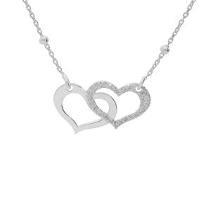 Collier en argent rhodié chaîne avec pendentif double coeur 1 lisse et 1 granité chaîne avec boules 40+5cm