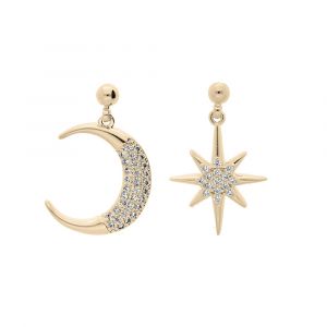 Boucles d'oreille en plaqu&eacute; or lune et soleil avec oxydes blancs sertis et fermoir poussette