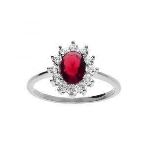 Bague en argent rhodi&eacute; collection joaillerie oxyde rouge au centre et petits oxydes blancs autour