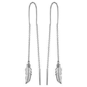 Boucles d'oreilles passantes en argent rhodié avec plume à 1 extrémité et baguette à l'autre