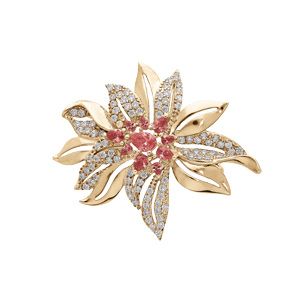 Broche en plaqué or motif fleur avec oxydes fuschia et blancs sertis