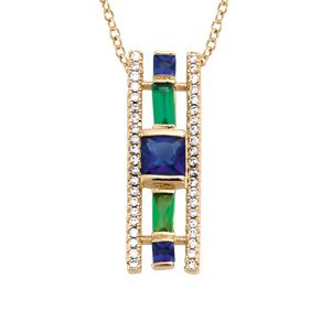 Collier plaqué or géometrique verre bleu foncé et vert contour oxydes blancs sertis - longueur 40+4cm