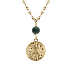 Collier argent doré jaune chaîne boules pendentif cercle diamanté avec 1 boule malachite véritable réglable 40 à 45cm