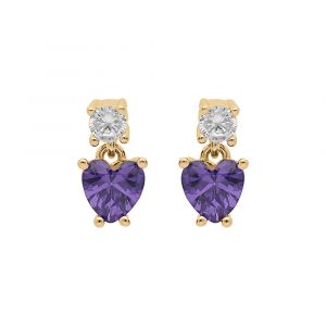 Boucles d'oreille tige en vermeil d'oxydes blanc et violet forme coeoeur