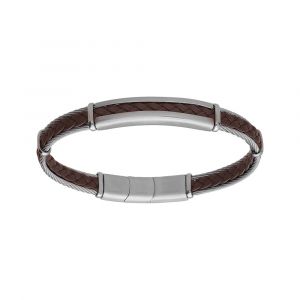 Bracelet en acier et c&acirc;ble cuir v&eacute;ritable tress&eacute; couleur marron 20+1cm double fermoir