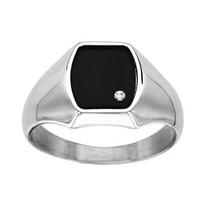 Chevalière en acier plateau tonneau noir orné d'1 strass