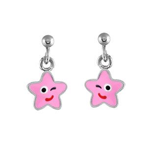 Boucles d'oreilles pour enfant en argent rhodi&eacute; &eacute;toile rose suspendue et fermoir poussette