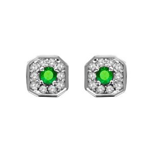 Boucles d'oreilles en Argent rhodié collection joaillerie carré biseauté et oxydes sertis blancs avec coeur en oxyde vert et fermoir poussette