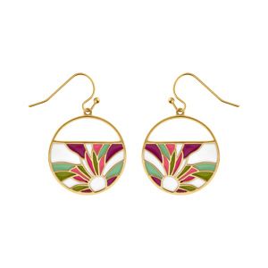 Boucles d'oreille Stella Mia en acier doré jaune motif  résine fond blanc et fleur rose et violet