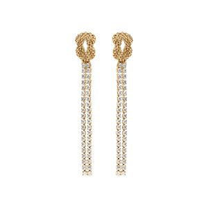 Boucles d'oreille tige pendante en argent doré deux rangs d'oxydes blancs sertis avec noeud