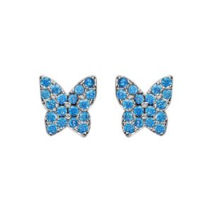 Boucles d'oreilles en argent rhodié papillon pavé de pierres bleu ciel sertis et fermoir poussette