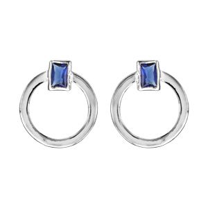 Boucles d'oreilles en argent rhodié anneau avec élément rectangulaire orné d'1 oxyde bleu foncé - fermoir poussette