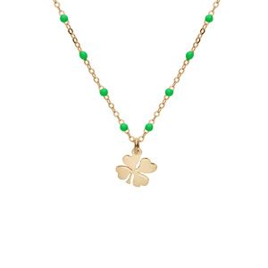 Collier en argent et dorure jaune chaîne avec boules couleur verte avec pendentif trèfles 40+5cm