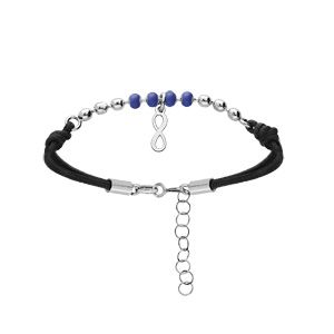 Bracelet en argent rhodié cordon noir avec pampille infini et perles bleues 16+3cm