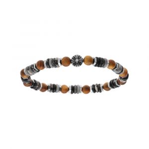 Bracelet extensible boules imitation bois et rondelles rhodochrosites motif acier 60mm