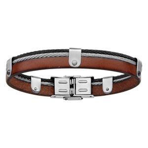 Bracelet en cuir marron avec 1 c&acirc;ble en acier gris et 1 noir - longueur 20cm