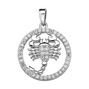 Pendentif en argent rhodié rond avec signe du zodiaque Scorpion et contour d'oxydes blancs sertis