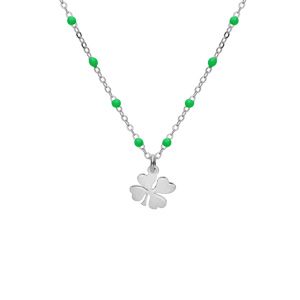 Collier en argent rhodié chaîne avec boules couleur verte avec pendentif trèfles 40+5cm