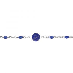 Bracelet en argent rhodi&eacute; cha&icirc;ne avec perles bleues fonc&eacute; et pierre Lapis Lazuli v&eacute;ritable 16+3cm