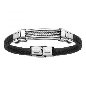 Bracelet en acier et cuir noir tresse 3 rangs c&acirc;ble gris 21cm r&eacute;glable