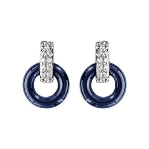 Boucles d'oreilles en argent rhodié 1 anneau en céramique bleu marine suspendue à 1 anneau orné d'oxydes blancs sertis et fermoir poussette