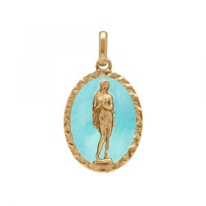 Pendentif plaqu&eacute; or ovale marie madeleine 18mm x 13mm sur fond r&eacute;sine bleu ciel