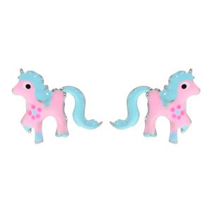 Boucles d'oreille enfant en argent rhodié poney rose et bleu avec fermoir poussette