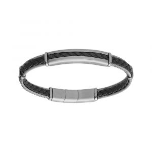 Bracelet en acier et c&acirc;ble cuir v&eacute;ritable tress&eacute; noir 20+1cm double fermoir