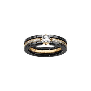 Bague en céramique noire 1 rail central d'oxydes blancs sertis et 1 oxyde carre blanc serti
