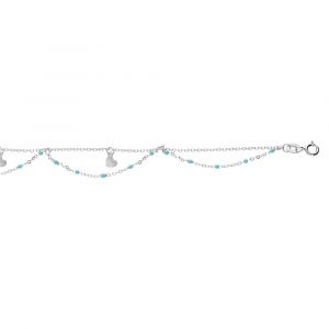 Cha&icirc;ne de cheville en argent rhodi&eacute; 2 rangs avec boules couleur turquoise et coeurs 23+3cm