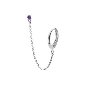 Boucles d'oreille tige en argent rhodié un oxyde violet serti chaînette et créole sur lobe (2 trous)