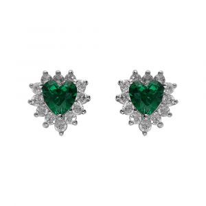 Boucles d'oreille tige en argent rhodi&eacute; forme coeur oxyde vert et contour oxydes blancs