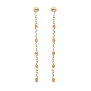 Boucles d'oreille en argent et dorure jaune chaînette avec olives couleur orange transparent et fermoir poussette